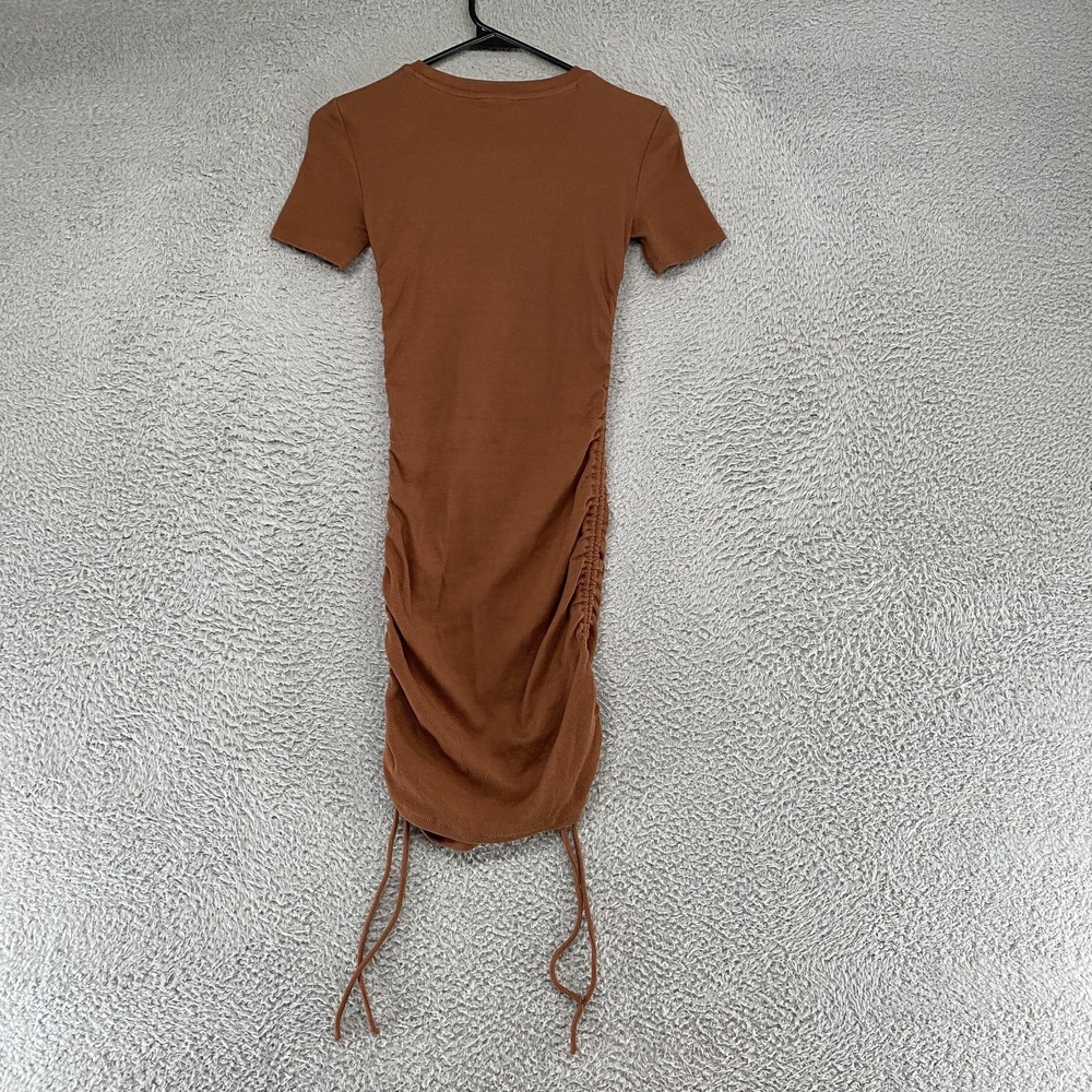Zara T Shirt Dress Womens S Brown Ruched Bodycon Mini Ribbed Capsule Neutral - Picture 8 of 12